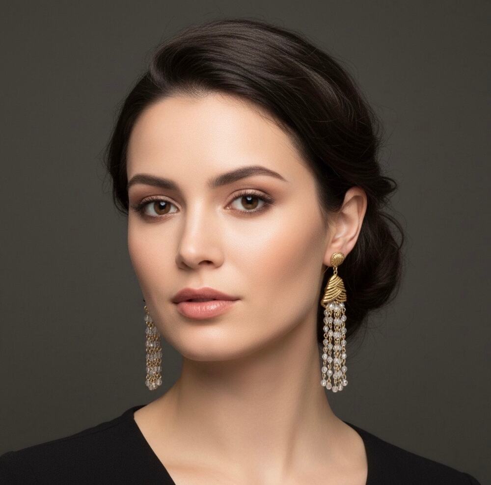 Art Deco Style Gold Clasp Clam Shell Beaded Cascade Earrings
